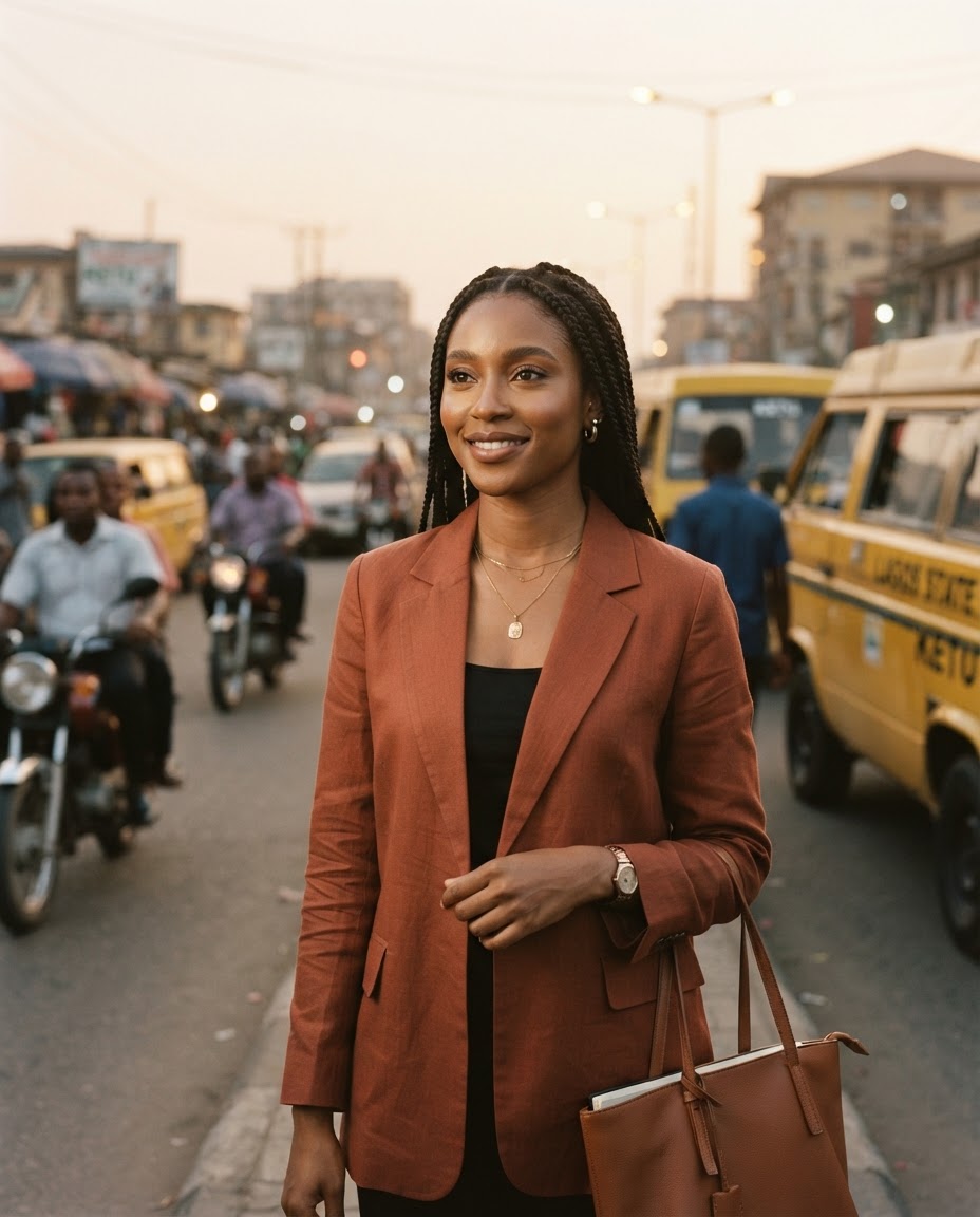 A young professional woman on a busy city street at dusk, with traffic and commuter buses behind her